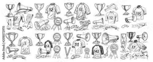 Quadro su tela Sports award and victory collection sketch vector with trophies megaphones jerse