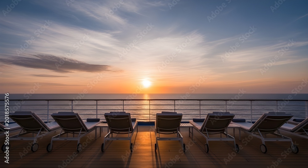 Obraz premium Sunrise colors painting sky over yacht boat with white chairs waiting quietly on deck