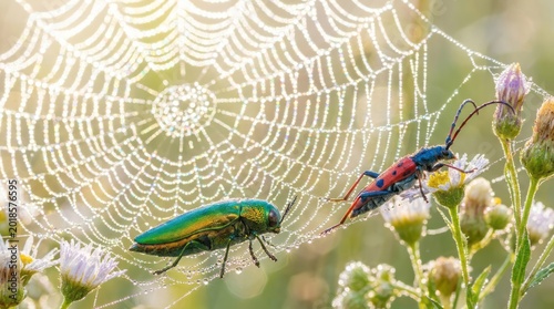 Colorful Insects in Dewy Spider Web