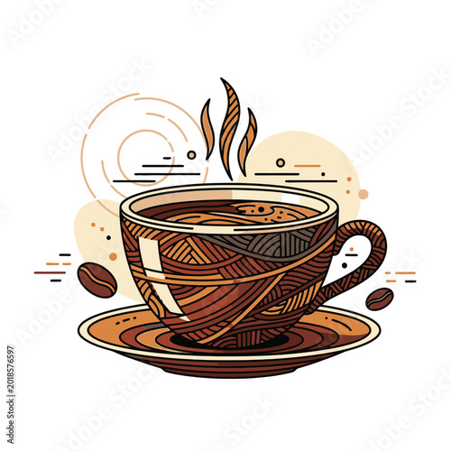 Valokuva Steaming hot coffee cup on saucer.