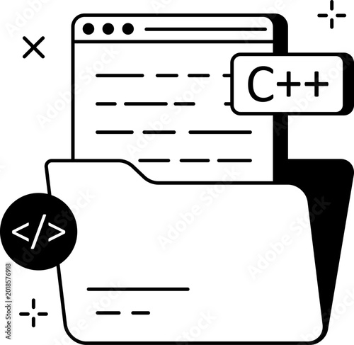 Naklejka File folder with script window and C plus plus software engineering vector illustration