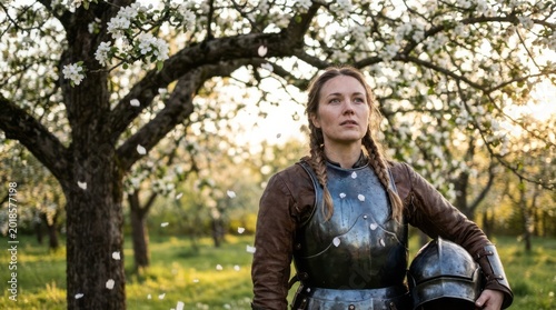 Female Knight in Blooming Orchard