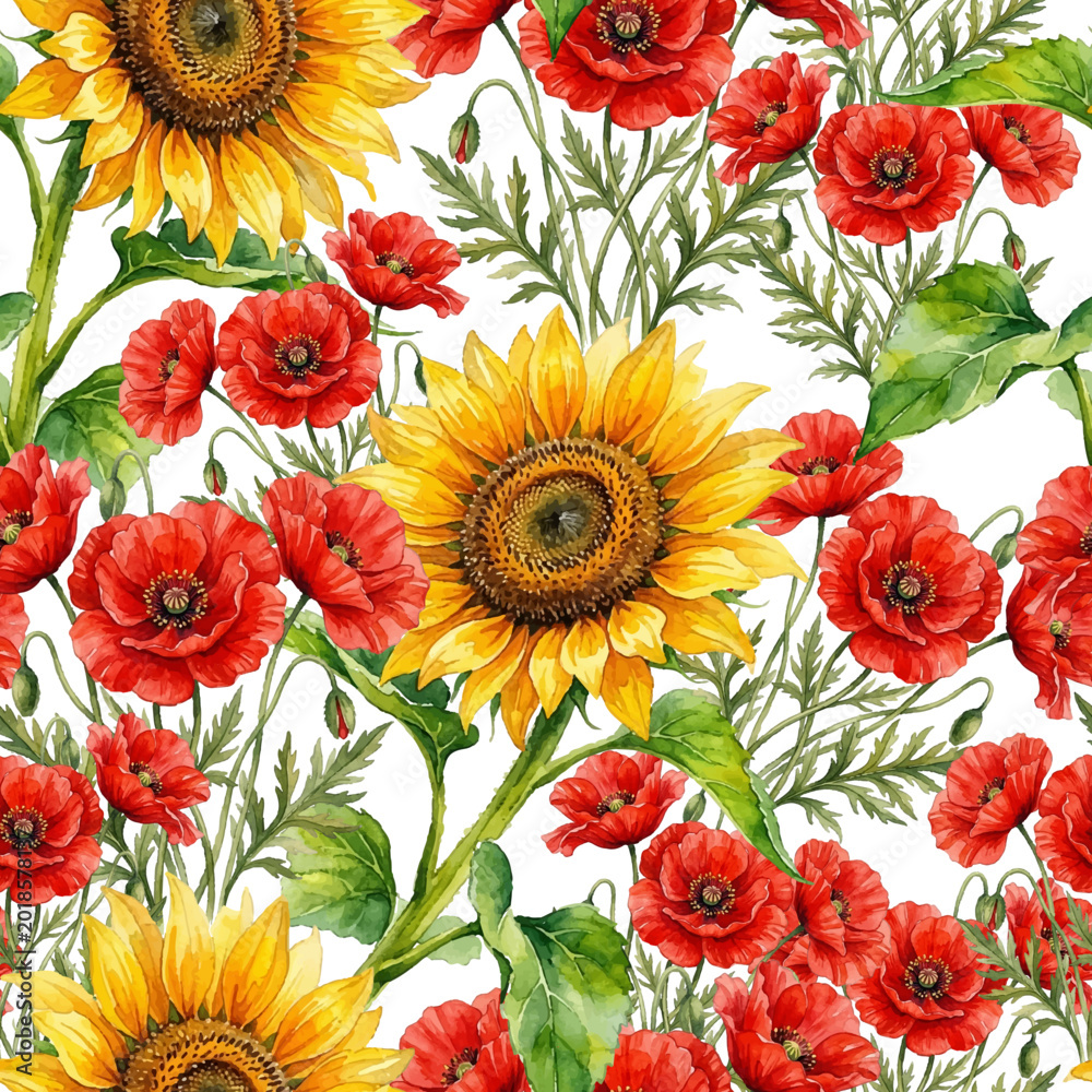 Naklejka premium Sunfkiwer and poppy with green leaves vector seamless pattern. Lush, floral composition in classic watercolor style, combining the warmth of sunflowers with the delicate vibrancy of poppies.