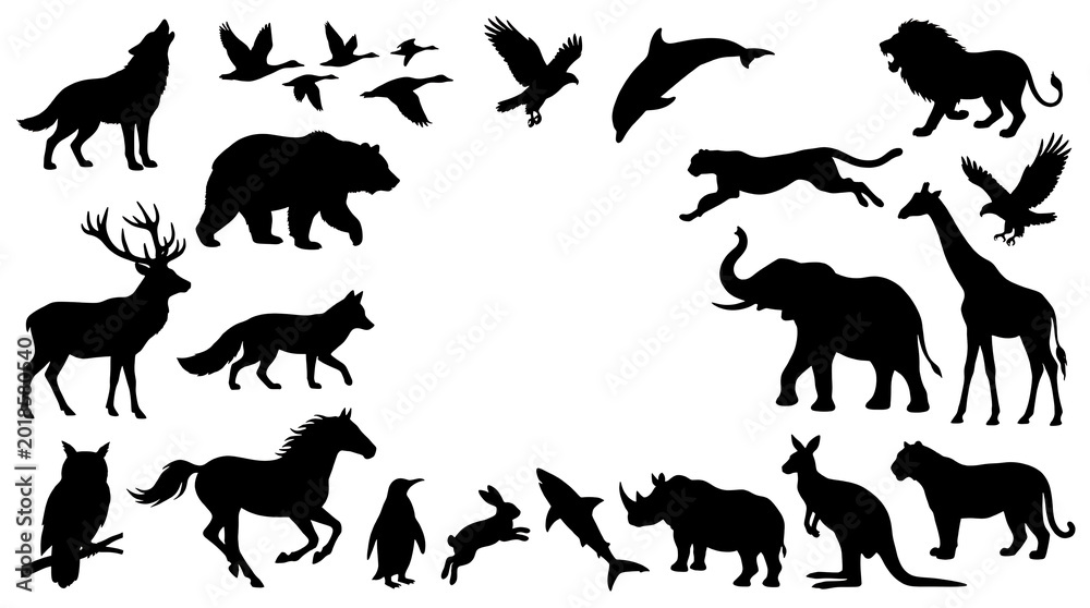 Obraz premium Silhouettes of various animals including five birds in flight depicted.