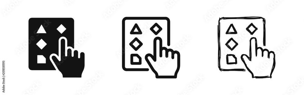 Obraz premium Choice and selection icons set, hand clicking on shape grid symbol, multiple options decision concept
