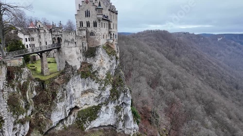 Schloss Lichtenstein Castle in Winter with Dramatic Bridge