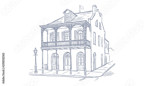 Vector line art of a vintage building. Old Building In New Orleans City.