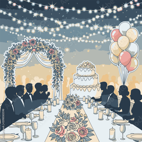 Foto People sitting at wedding dinner table.