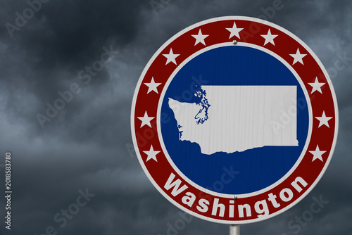 Washington map with stars on a US red, white and blue road sign