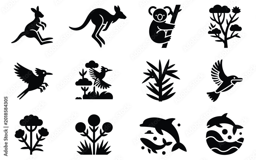 Fototapeta premium Diverse collection of 12 distinct black silhouette icons representing various animals like kangaroos and koalas marine life including dolphins and fish unique australian flora