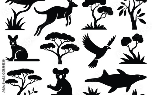 Photography Collection of australian wildlife and flora silhouettes featuring kangaroos koal