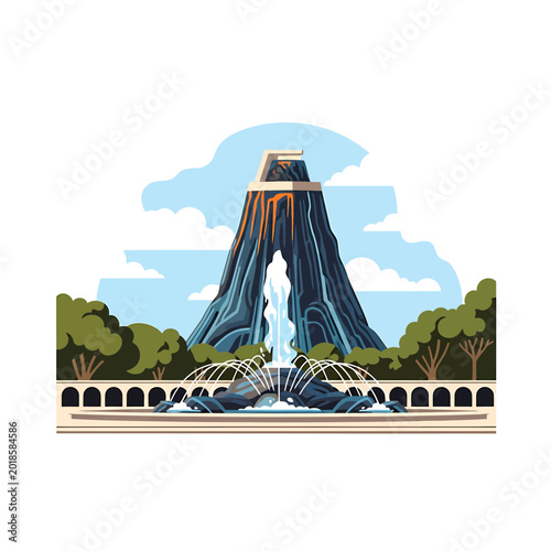 Majestic volcano fountain monument with water jets and trees