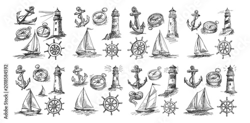 Fotografi Nautical hand drawn vintage sketches set with anchor lighthouse compass sailboat