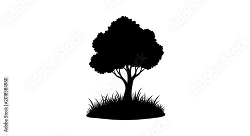 Tree Silhouette on Grassy Ground Isolated on White Background