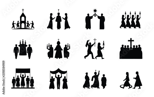 Quadro su tela Black silhouette icons of religious figures performing rituals in church and cer