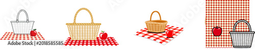 A minimalist picnic scene unfolds with a simple wicker basket and a single red apple on a checkered blanket, all rendered in flat 2D vector art against a high-resolution white background