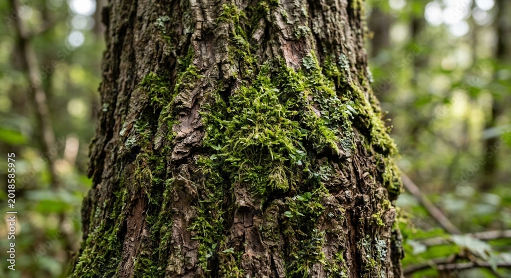 Obraz premium Close-up tree bark texture with moss and soft forest light