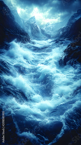 Dramatic ocean waves crashing against rocks.
