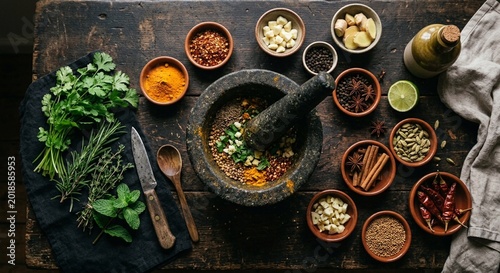 Mortar and pestle with colorful spices on dark textured table