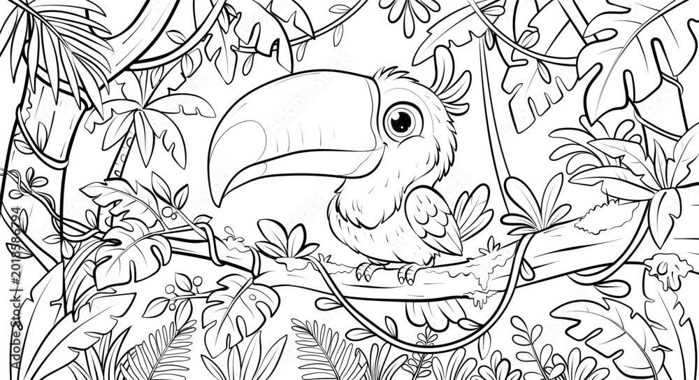 Fototapeta premium Hand Drawn Toucan Sitting on Tree Branch for Coloring Book