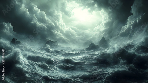 Dramatic stormy sea with dark clouds.