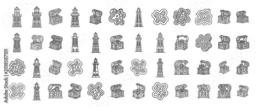 Cuadro en lienzo Pirate Treasure Map and Loot Icon Set Featuring Treasure Chests Lighthouses and