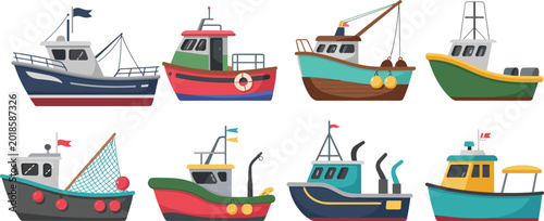 Photos Set of colorful fishing boat vector illustrations featuring various trawler designs with nets and lifebuoys isolated on white background