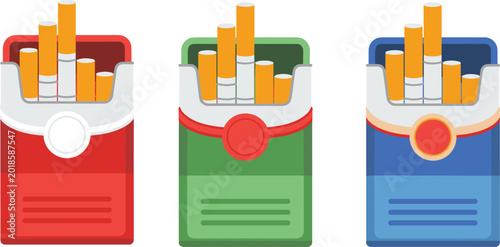 Tableau sur toile Set of colorful cigarette packs in red green and blue featuring open boxes with realistic tobacco sticks isolated on a white background