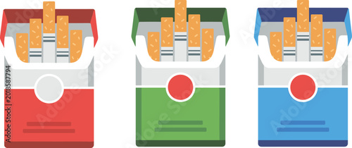 Fotografie Set of colorful cigarette packs in red green and blue featuring open boxes with realistic tobacco sticks isolated on a white background