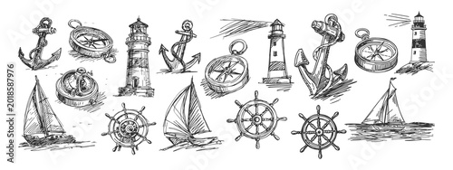 Foto Vintage Hand Drawn Maritime Navigation Icons Featuring Sailboats Compass Anchors