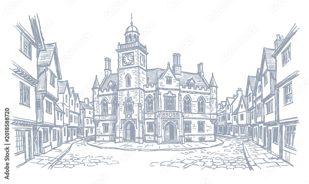 Fototapeta premium Vector line art of a vintage building. Old Building In Newport City.