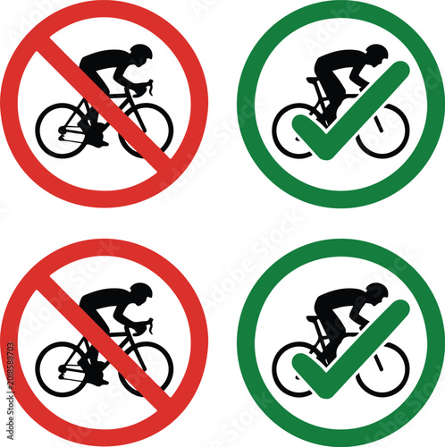Photos Bicycle safety sign vector set featuring a cyclist silhouette with red prohibition and green checkmark symbols for traffic regulations