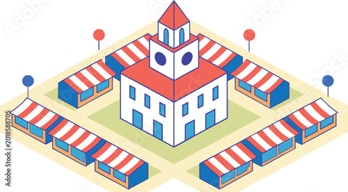 Canvastavla Isometric icelandic town square on independence day, with colorful buildings and