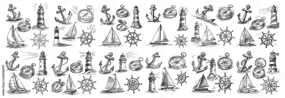 Fototapeta premium Nautical hand drawn vintage collection of anchors lighthouses compasses sailboats and ship steering wheels