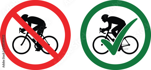 Foto Bicycle safety sign vector set featuring a cyclist silhouette with red prohibition and green checkmark symbols for traffic regulations