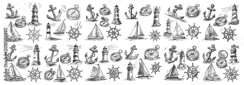 Obraz na plátne Nautical hand drawn vintage collection of anchors lighthouses compasses sailboat