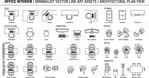 Photos Office furniture CAD vector set, top view workspace layout symbols with desks, c