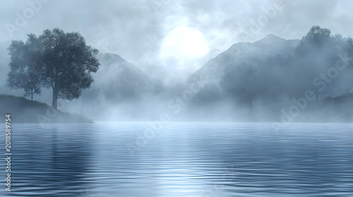Foggy lake with trees and mountains.