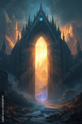 Epic fantasy gateway glowing with soft golden light beneath a dramatic sky, surrounded by a majestic mystical landscape with cinematic atmosphere