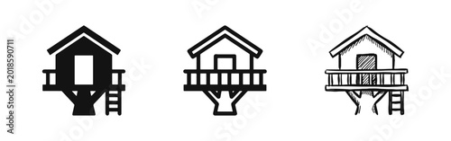 Quadro su tela Treehouse Cabin Icon Set - Solid, Outline, and Hand-Drawn Elevated Wooden House