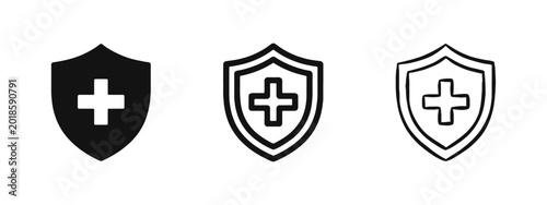Foto Medical Health Protection Shield Icon Set - Solid, Outline, and Hand-Drawn Medic