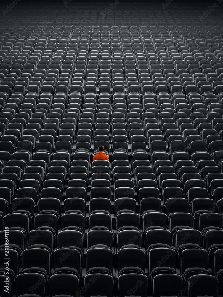 Obraz premium Lonely man cinema seat solitude empty auditorium symmetry pattern orange jacket