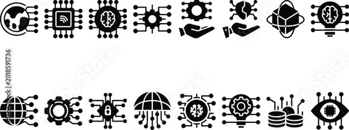 AI technology line icons set featuring machine learning neural network data science automation robotics and digital innovation concepts for web and mobile design