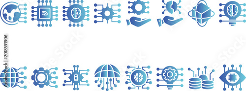 AI technology line icons set featuring machine learning neural network data science automation robotics and digital innovation concepts for web and mobile design