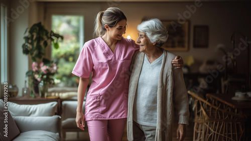Nurse caregiver elderly woman home support healthcare worker gently helping elderly woman walk in cozy living room setting