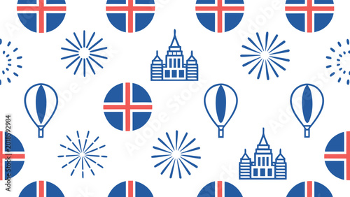 Fotografi Icelandic independence day seamless pattern with flags, fireworks, hot air ballo