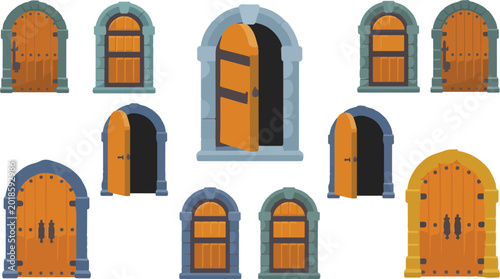 Obraz na płótnie Medieval castle door vector set featuring stone archways and wooden entrances in