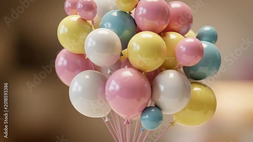 A festive bunch of colorful 3D helium balloons floats in the air above a garden for a happy birthday party celebration or anniversary holiday festival against a bright blue sky background