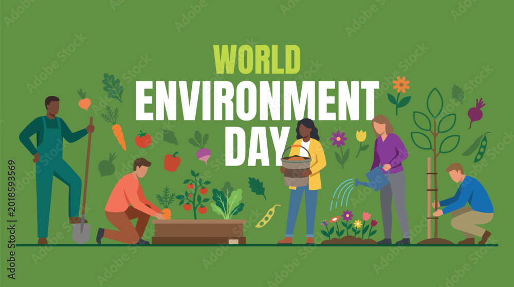 Fototapeta premium World Environment Day banner with diverse people gardening for community sustainability campaigns, eco awareness events, and environmental advocacy
