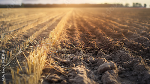 Dry field plowed soil golden stubble farmland sunset light agriculture landscape glowing peaceful atmosphere